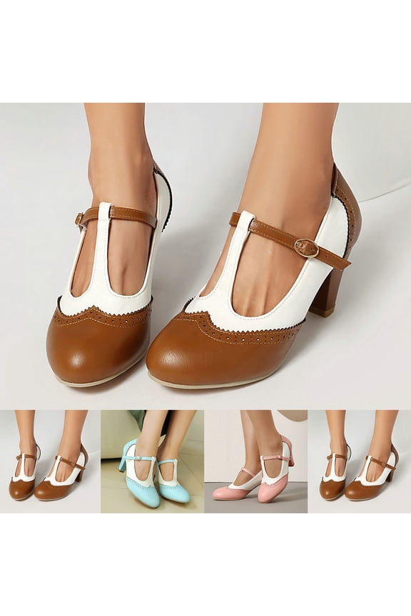 QIUOMBBP Women's Vintage Round Toe Mary Jane Pumps Fashion Colorblock Buckle Strap Heel Party Dress Shoes Blue
