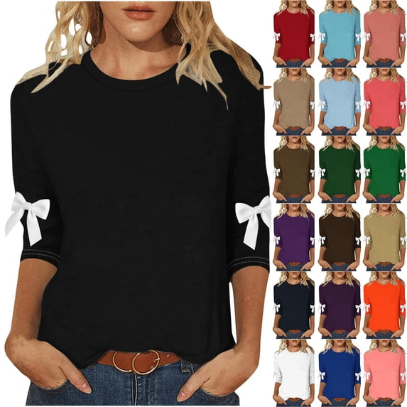 QIUOMBBP Womens 3/4 Sleeve Shirts with Bow Solid Color Crew Neck Casual Blouse Plus Size Cotton Basic Tees Tops, Beige, L