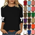 thumbnail image 1 of QIUOMBBP Womens 3/4 Sleeve Shirts with Bow Solid Color Crew Neck Casual Blouse Plus Size Cotton Basic Tees Tops, Hot Pink, XXXXXL, 1 of 6