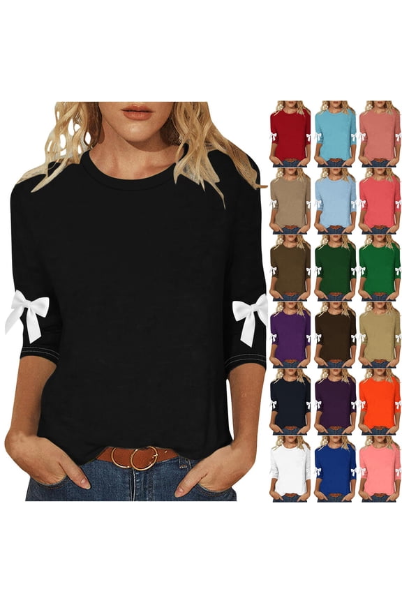 Womens 3/4 Sleeve Shirts with Bow Solid Color Crew Neck Casual Blouse Plus Size Cotton Basic Tees Tops, Hot Pink, XXXXXL