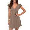 QIUOMBBP Womens A Line Dresses Ruffle Sleeve V Neck T Shirts Mini Dress Summer Loose Casual Sundress for Outdoor Khaki L