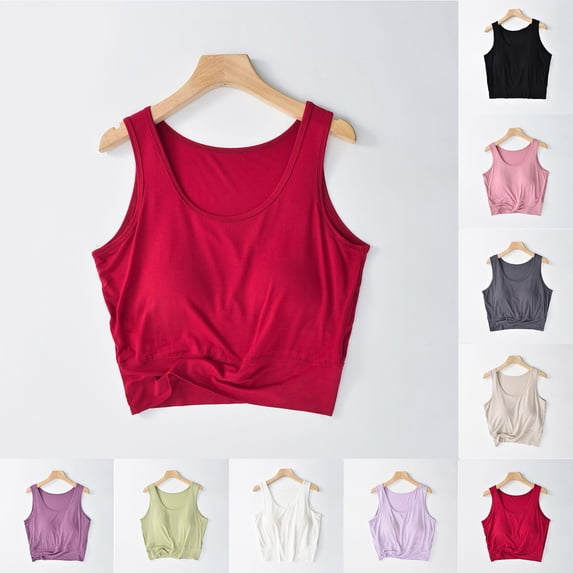 QIUOMBBP Womens Athletic Crop Tank Tops with Built in Bra Summer Yoga Sport Running T-Shirts Sleeveless Solid Camisole Tops Black L