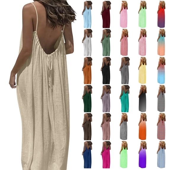 QIUOMBBP Womens Backless Cami Dress Loose Crew Neck Solid Spaghetti Strap Dresses Summer Cool Breathable Long Nightdress Pink XXL