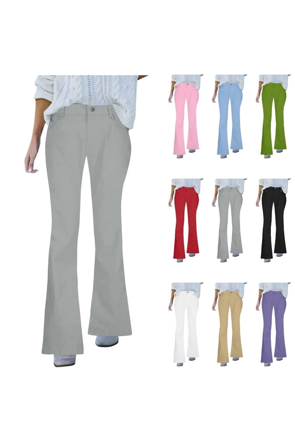 Womens Bell Bottom Denim Pants Solid Casual Mid Waist Flare Jeans Business Bootcut Dress Pants with Pockets, Khaki, S