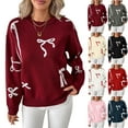 thumbnail image 1 of QIUOMBBP Womens Bow Sweater Casual Crew Neck Long Sleeve Pullover Tops Ribbed Knitted Jumper Oversized Clothing, White, S, 1 of 9
