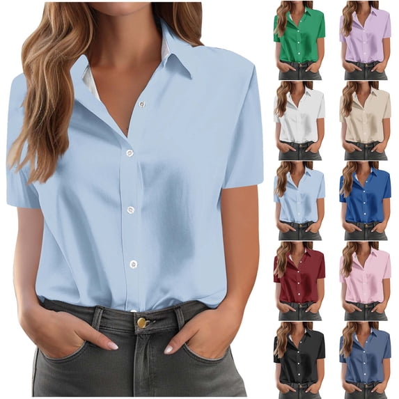 QIUOMBBP Womens Button Down Dress Shirts Short Sleeve Lapel Collared Solid Slim Fit Blouse Summer Business Casual Tops Blue XXL