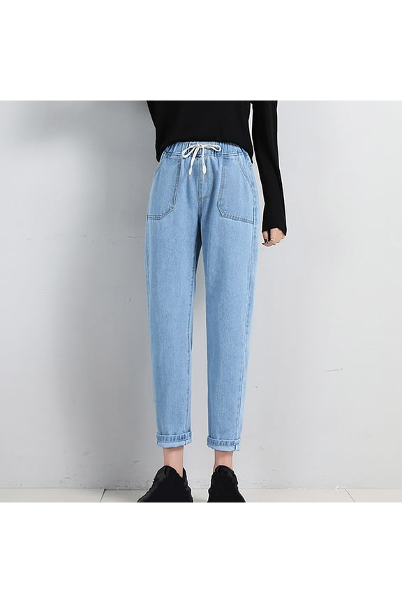Womens Casual Elastic Waist Pull On Jeans Lightweight Drawstring Denim Pants with Pockets, Light Blue, XXL