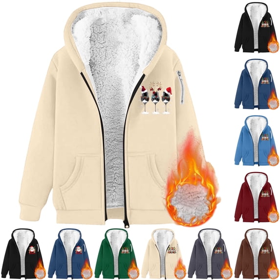 QIUOMBBP Womens Christmas Hoodies Casual Long Sleeve Zip Up Sweatshirts with Pocket Sherpa Fleece Winter Coats, Red, XXL