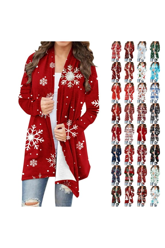 Womens Christmas Long Cardigan Sweaters Casual Open Front Duster Shrugs Xmas Cute Print Fall Winter Sweater Tops, Navy, XXL