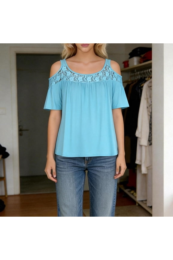Womens Cold Shoulder Shirts Short Sleeve Crew Neck Lace Breathable Tees Plus Size Casual Summer Going Out Tops Blue XXXL