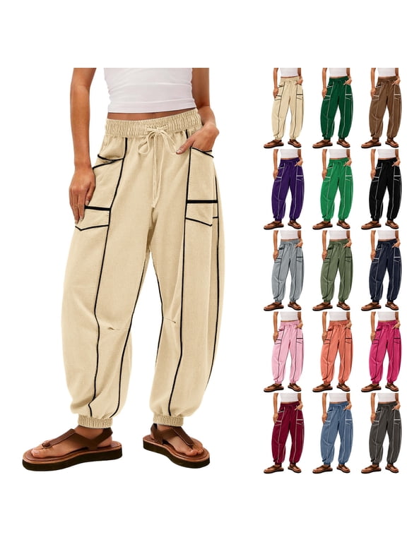 Womens Contrast Patchwork Joggers Pants Drawstring Elastic Bottom Sweatpants Loose Barrel Lounge Trousers with Pockets, Black, S