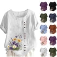 thumbnail image 1 of QIUOMBBP Womens Crew Neck Linen Tshirts Roll Up Short Sleeve Plus Size Floral Print Tops Loose Lightweight Summer Casual Shirts Coffee XXXL, 1 of 5