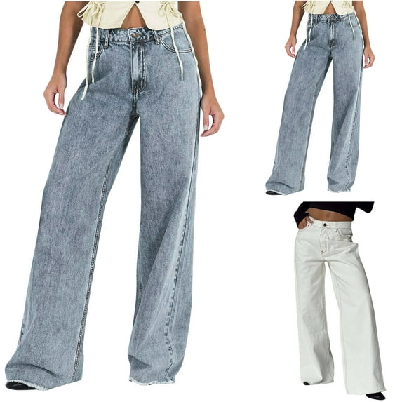 QIUOMBBP Womens Elastic Waist Drawstring Jeans Baggy Loose Wide Leg Denim Pants with Pockets Casual Vintage Jean Pants, White, L