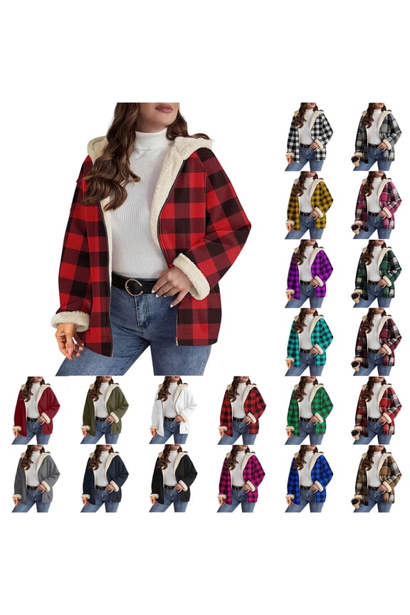 Womens Fleece Lined Zip Up Hoodie Warm Winter Jacket Fashion Plaid Sweatshirt Shacket Outerwear Christmas Gifts, Red, XL