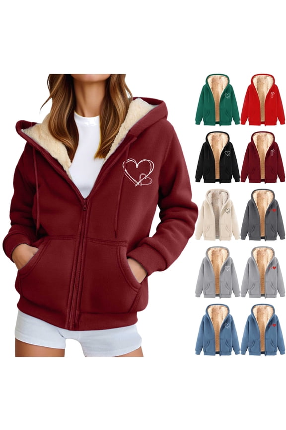 Womens Fleece Lined Zip Up Hoodies Cute Love Heart Print Hooded Sweatshirts Outdoor Winter Warm Sherpa Jackets with Pockets, Red, M