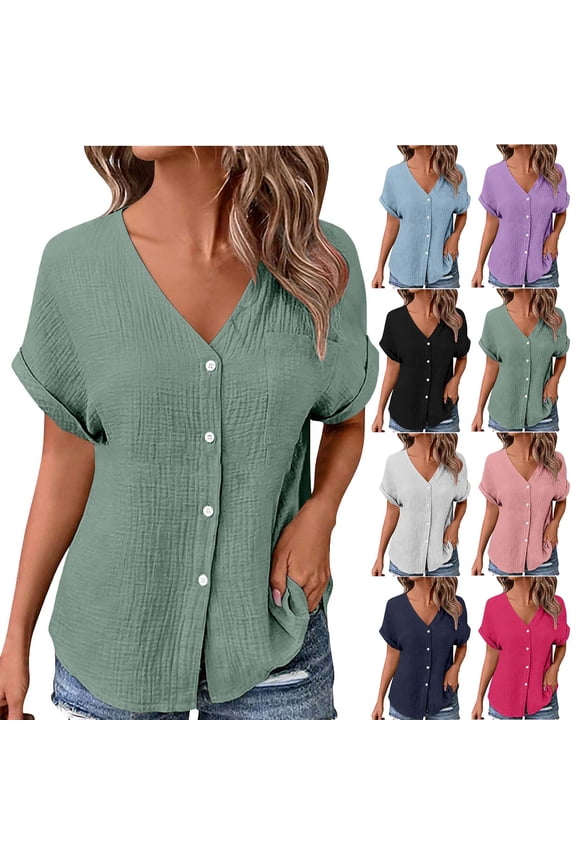 Womens Gauze Button Down Shirts Sleeveless Textured V Neck Tops with Pockets Loose Lightweight Summer Loungewear Blouse Black M