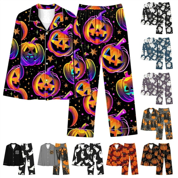 QIUOMBBP Womens Halloween Pajama Sets Halloween Print Long Sleeve Button Down Nightwear and Pants 2 Piece Lounge Set, Black, XXXL