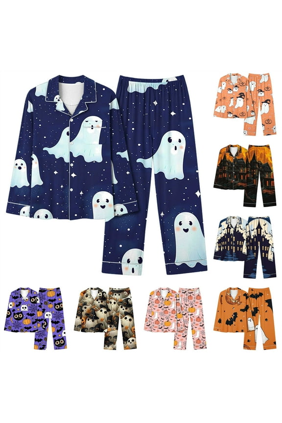 Womens Halloween Pajamas 2 Piece Sets Cute Pumpkin Print Long Sleeve Button Up Shirt and Wide Leg Pants Pjs Outfits Loungewear, Black, XXL