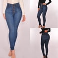 thumbnail image 1 of QIUOMBBP Womens High Waist Stretch Jeans 5 Button Push Up Butt Lifting Skinny Denim Pants with Pockets Casual Leggings, Dark Blue, S, 1 of 7