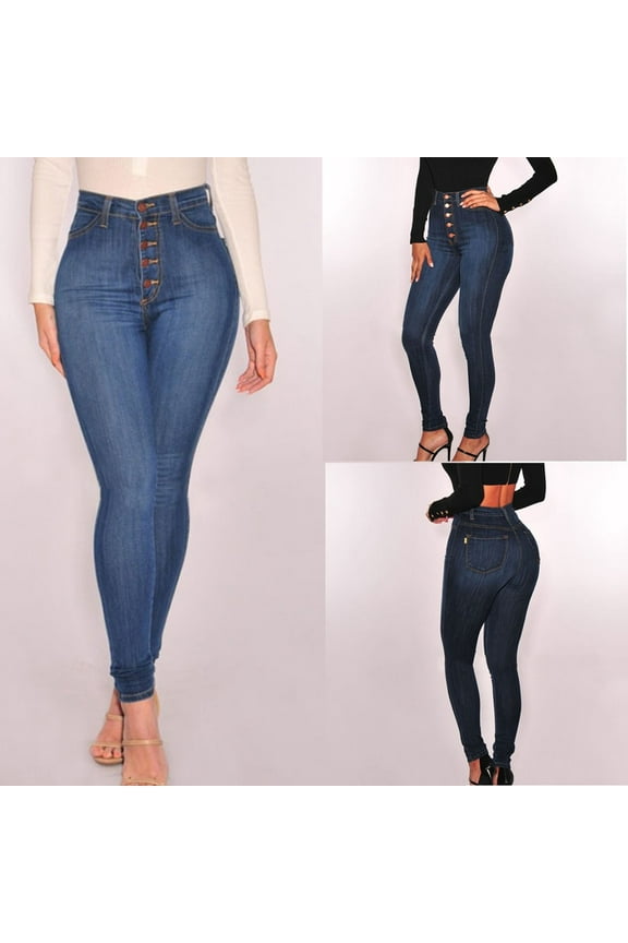 Womens High Waist Stretch Jeans 5 Button Push Up Butt Lifting Skinny Denim Pants with Pockets Casual Leggings, Dark Blue, S