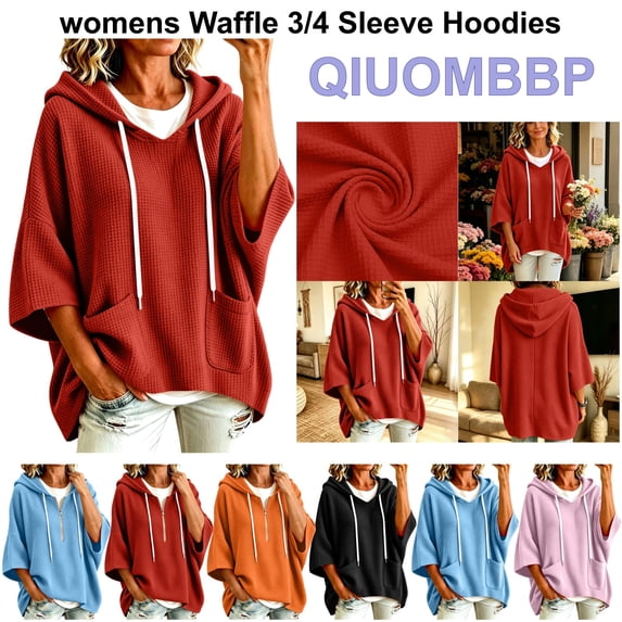 QIUOMBBP Womens Hooded Sweatshirt 3/4 Sleeve Solid Color Oversized Tops Waffle Knit Vintage Pullover Hoodies Red S