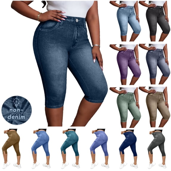 QIUOMBBP Womens Jean Print Leggings Casual High Waisted Stretch Denim Capris Side Slits Pull On Cropped Yoga Pants Dark Blue M