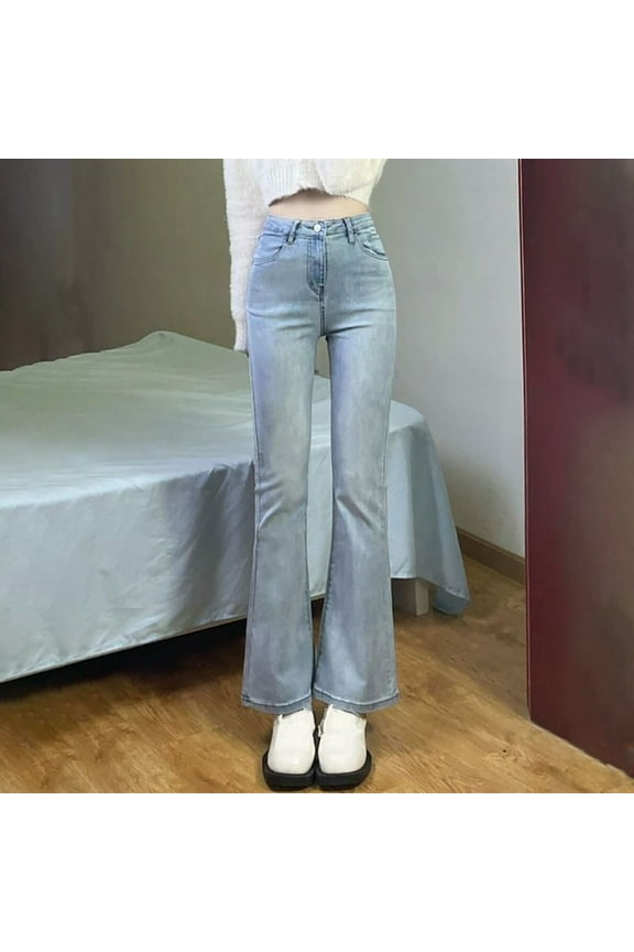 Womens Jeans Flared Straight Leg Low Rise Bell Bottoms Bootcut Stretch Denim Pants with Pockets, Blue, L