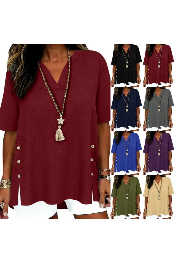 Womens Linen Short Sleeve Shirts Loose Casual Summer Beach Vacation Tops V Neck Split Side Solid Tees Purple L
