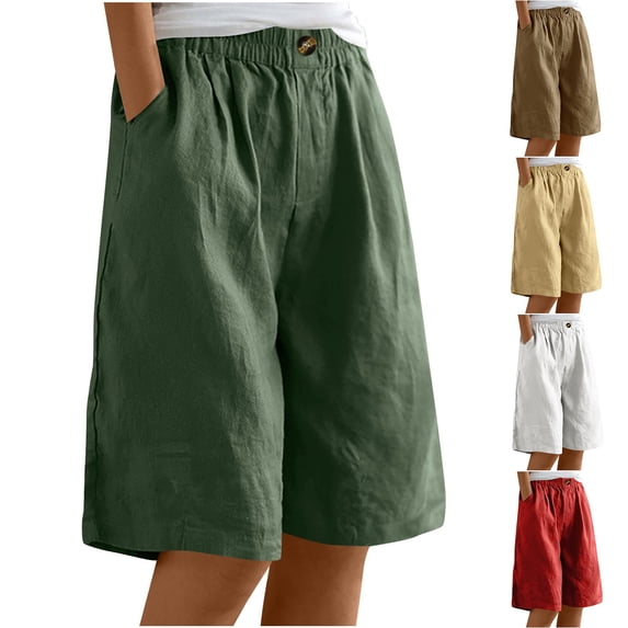 QIUOMBBP Womens Long Shorts Summer Loose Breathable Linen Straight Leg Short with Pockets Elastic Waist Drawstring Comfy Knee Length Pants Yellow XXXL