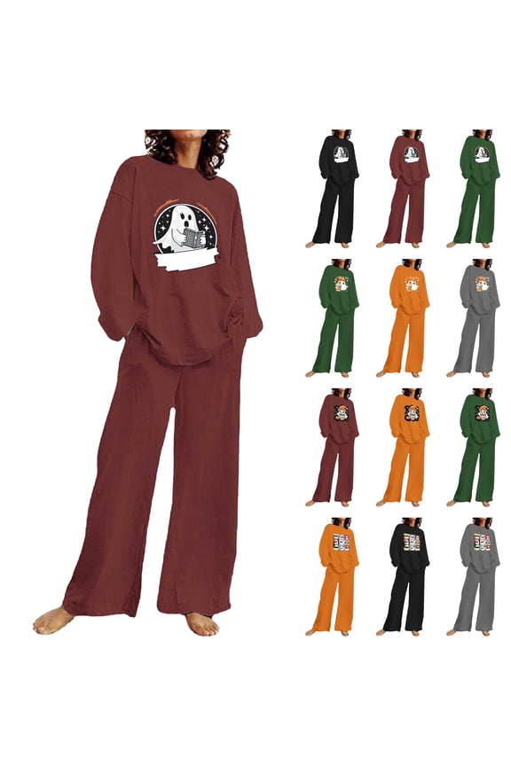 Womens Long Sleeve Pajamas Sets Casual Dropped Shoulder Tops and Wide Leg Pants 2 Piece Outfits Cute Ghost Graphic Sleepwear, Wine, XL