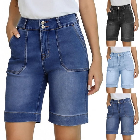QIUOMBBP Womens Mid-Rise Stretchy Loose Fit Denim Bermuda Shorts with Pockets Summer Long Short Jeans Blue S