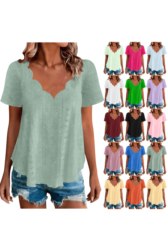 Womens Plus Size Eyelet Tops Short Sleeves V Neck Breathable T Shirts Loose Casual Summer Tees for Beach Wine XXXL