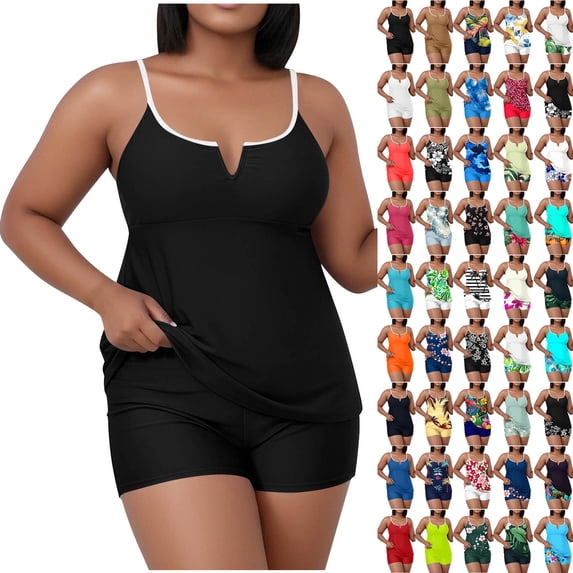 QIUOMBBP Womens Plus Size Tankini Swimsuit V Neck Ruffled Hem Adjustable Straps Padded Tank Top with Swim Shorts Modest Beach Vacation Bathing Suit Blue XXXXXL