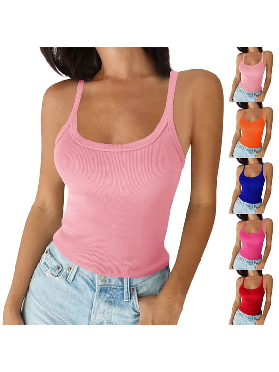 Womens Ribbed Camisole Slim Fit Square Neck Solid Spaghetti Strap Tank Top Summer Casual Loungewear Pink XS