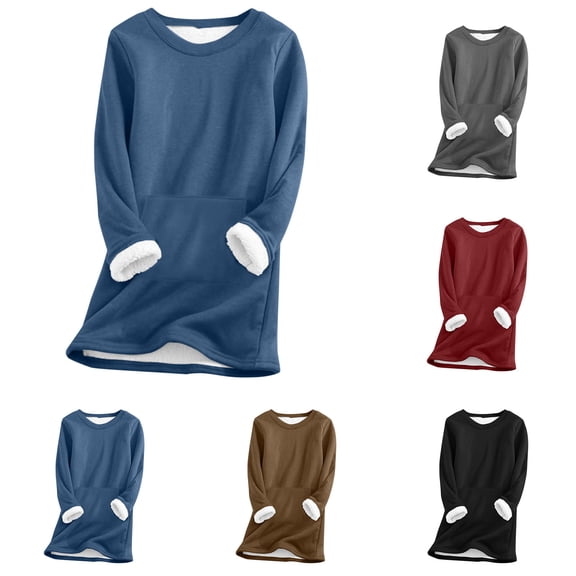 QIUOMBBP Womens Sherpa Fleece Lined Pullover Winter Warm Crew Neck Sweatshirt Fall Winter Warm Long Sleeve Tops with Pockets, Black, M