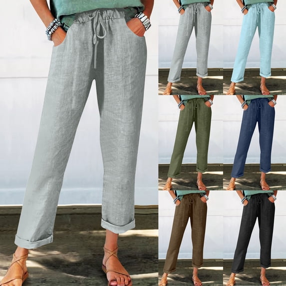 QIUOMBBP Womens Straight Leg Pants Summer Loose Breathable Cotton Linen Trousers with Pockets E lastic Waist Lightweight Outdoor Walking Pant Black L