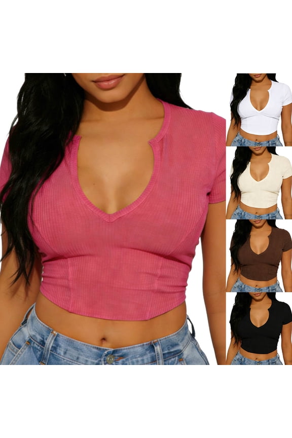 Womens Summer Crop Top Short Sleeve V Neck Solid Ribbed T Shirts Slim Fit Casual Lightweight Streetwear Shirt White L