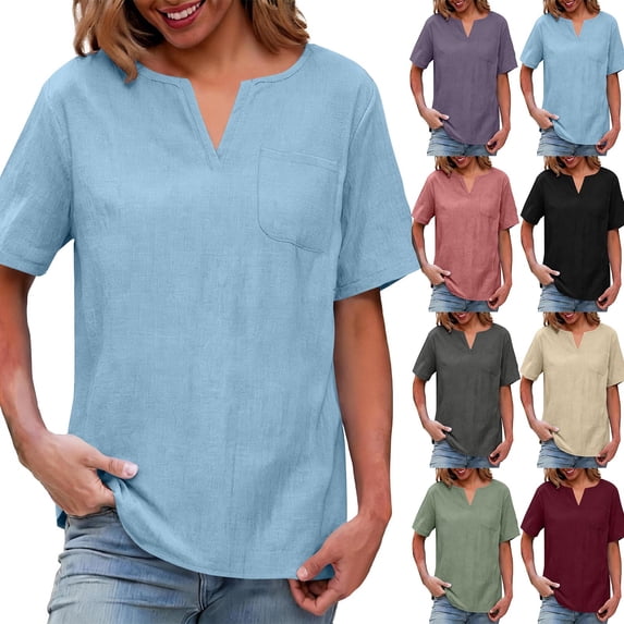 QIUOMBBP Womens Summer Linen Tops Short Sleeve Solid Color V Neck Shirts with Pocket Loose Breathable Casual Vacation Tshirts Black M
