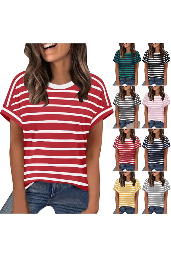 Womens Summer T Shirts Short Sleeve Striped Crew Neck Loose Shirt Casual Lightweight Streetwear Top Green XXL