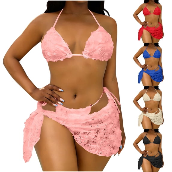QIUOMBBP Womens Three Piece Bikini Set Halter String Swimsuit Top Side Tie Bottom with Short Sarong Cover Up Two Piece Bathing Suit for Beach Vacation Red M