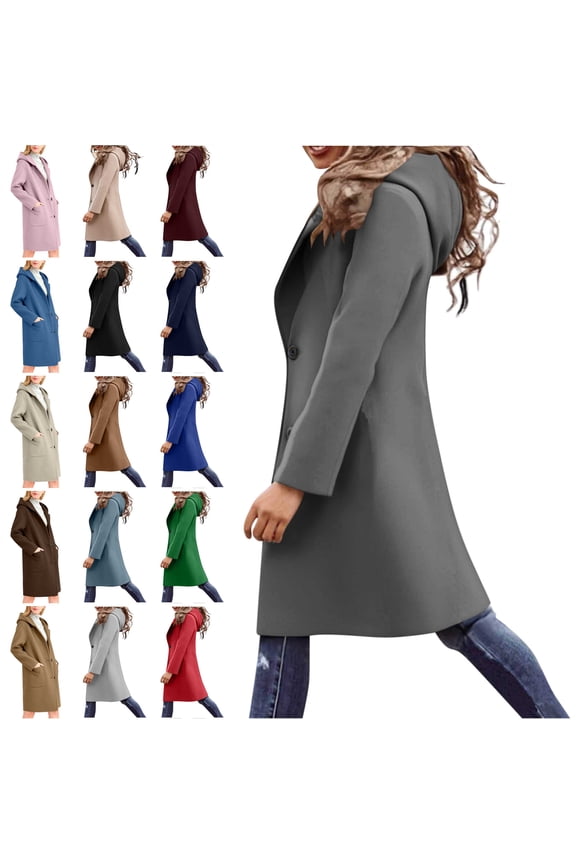 Womens Trench Coat with Hood Solid Casual Wool Blend Single Breasted Pea Coats Winter Fashion Mid Long Jackets, Black, M