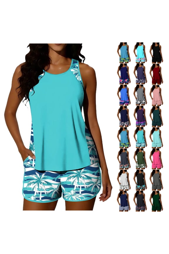 Womens Two Piece Tankini Set Crew Neck Padded Tank Top with Swim Boyshorts Tummy Control Modest Beachwear for Vacation Army Green XL
