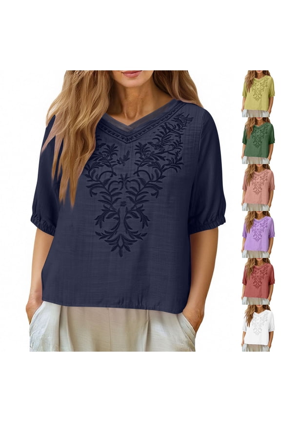 Womens Vacation Tops Loose Casual Summer Linen Beach Shirts Half Sleeve Crew Neck Floral Embroidered Tees Pink M