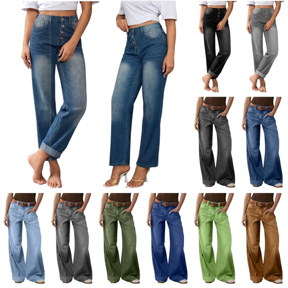 QIUOMBBP Womens Wide Leg Jeans Baggy High Waisted Y2K Straight Streetwear Loose fit Casual Trendy Stretchy Denim Pants with Pockets Dark Blue L