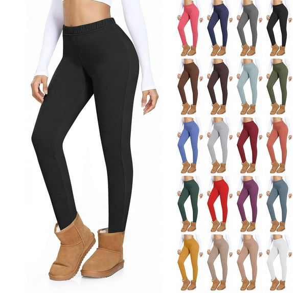 QIUOMBBP Yellow Fleece Lined Leggings for Women High Waisted Athletic Warm Yoga Pants Solid Color Workout Legging Trousers Winter Clothes L