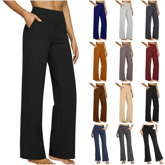 QIUOMBBP Yoga Pants for Women High Waist Stretch Wide Leg Dress Pant Solid Color Business Casual Work Trousers with Pockets, White, XL