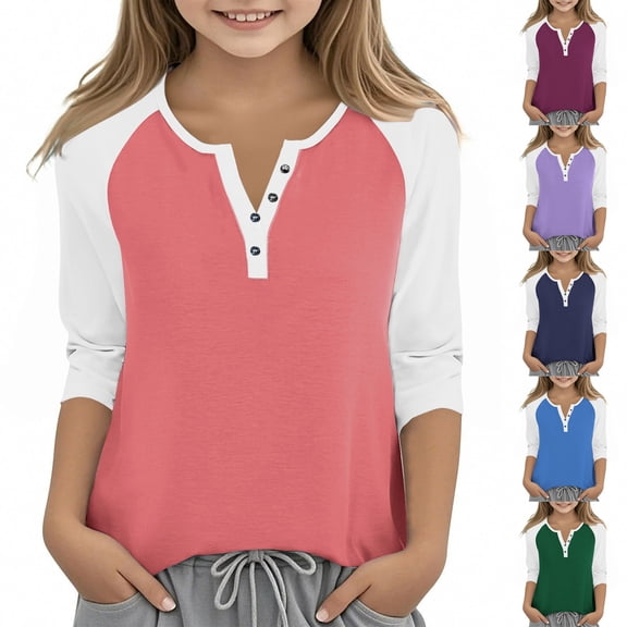 QIUOMBBP Girl's Casual 3/4 Length Sleeve T Shirts Basic Button V Neck Color Block Tops Loose Fit Summer Cotton Shirts Army Green 3 Years