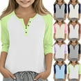 thumbnail image 1 of QIUOMBBP Kids Loose Fit Button Down Blouses Comfty Cotton 3/4 Sleeve V Neck Tops Dressy Casual Color Block T-shirts Blue 3 Years, 1 of 7