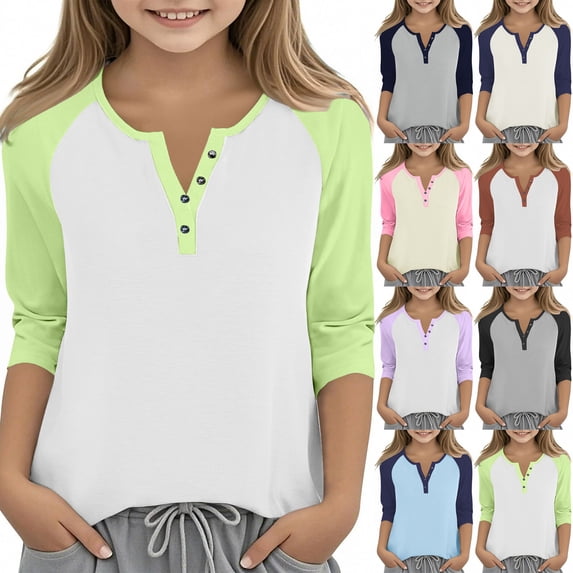 QIUOMBBP Kids Loose Fit Button Down Blouses Comfty Cotton 3/4 Sleeve V Neck Tops Dressy Casual Color Block T-shirts Blue 3 Years