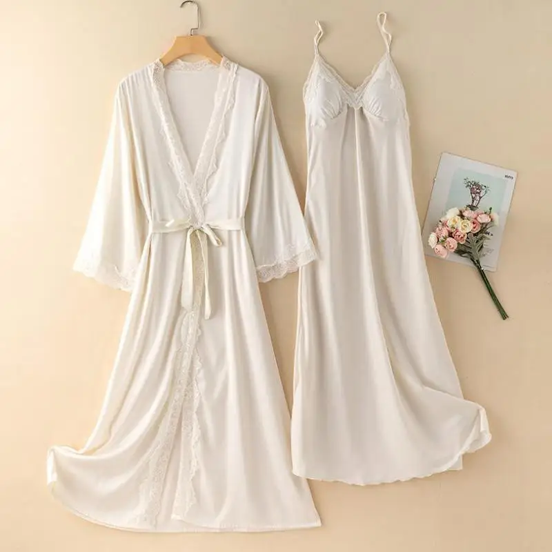 QIUTIAN Bride Kimono Robe Gown Sleep Suit Women Sleepwear Chemise Nightgown  Set Sexy Bathrobe Lace Wedding Nightwear Satin Loungewear